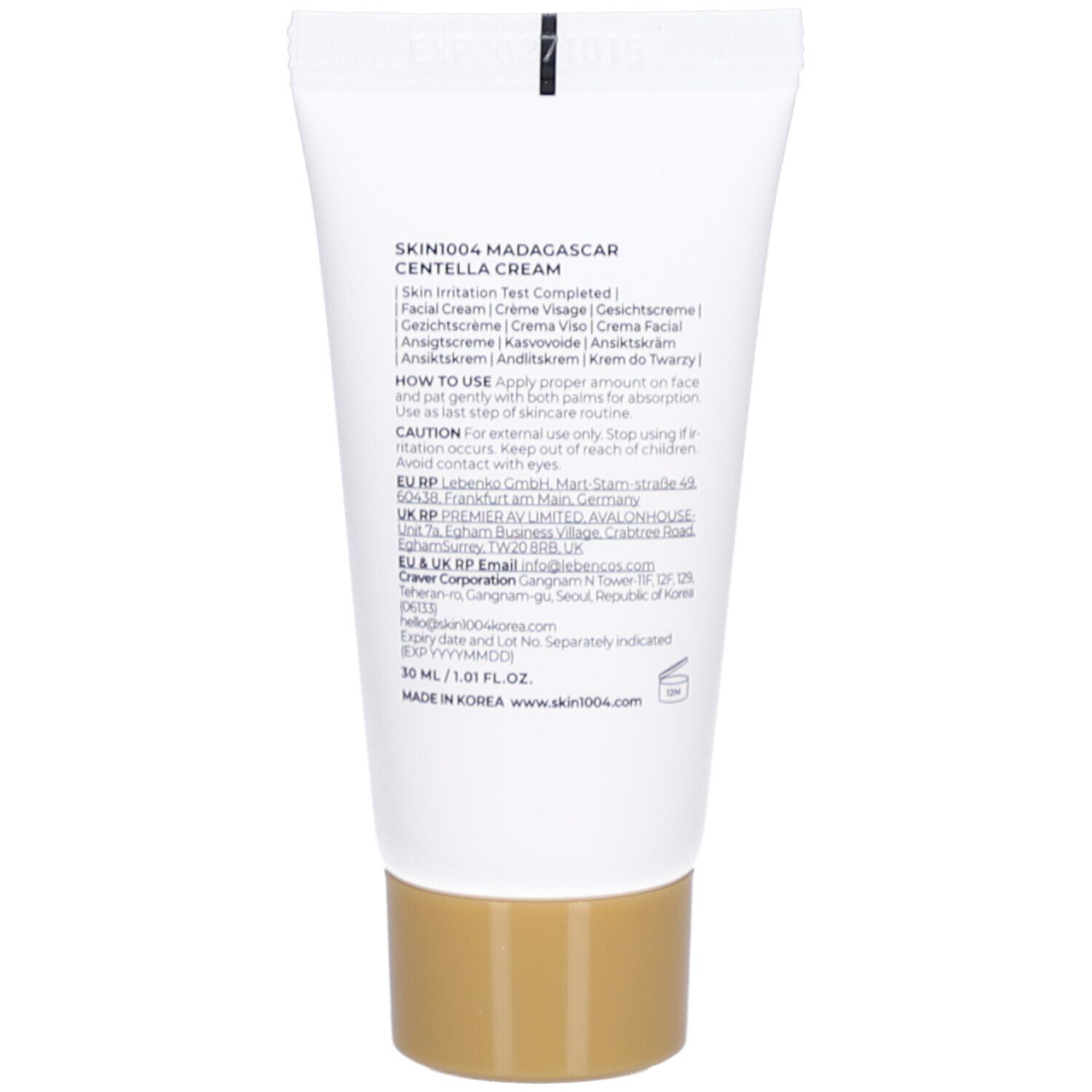 Rückseite der Tube. Text: SKIN1004 MADAGASCAR CENTELLA CREAM, Anwendung, Inhaltsstoffe, 30 ml.
