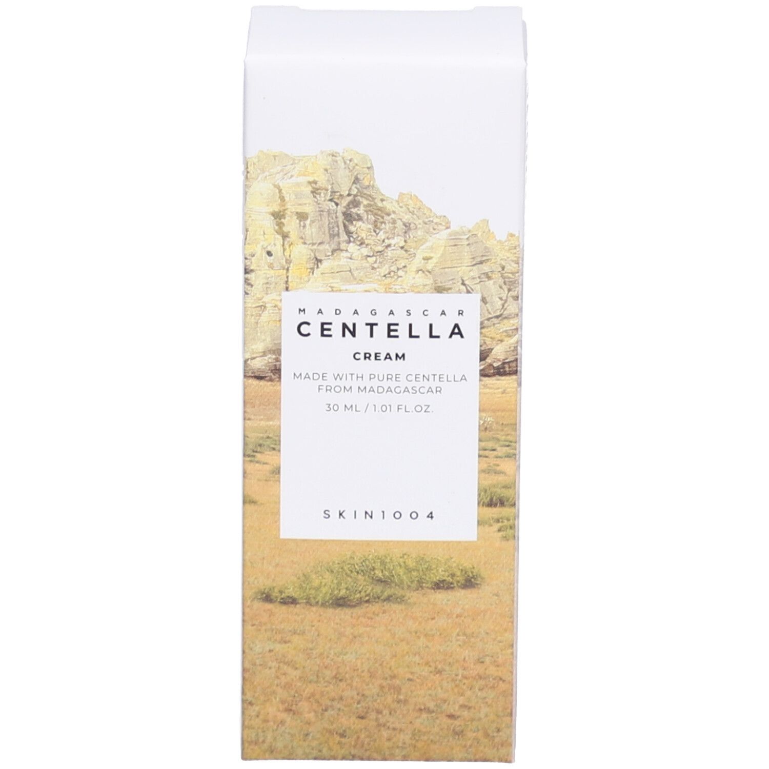 Weiße Verpackung mit Landschaft. Aufschrift: MADAGASCAR CENTELLA CREAM, 30 ml, SKIN1004.