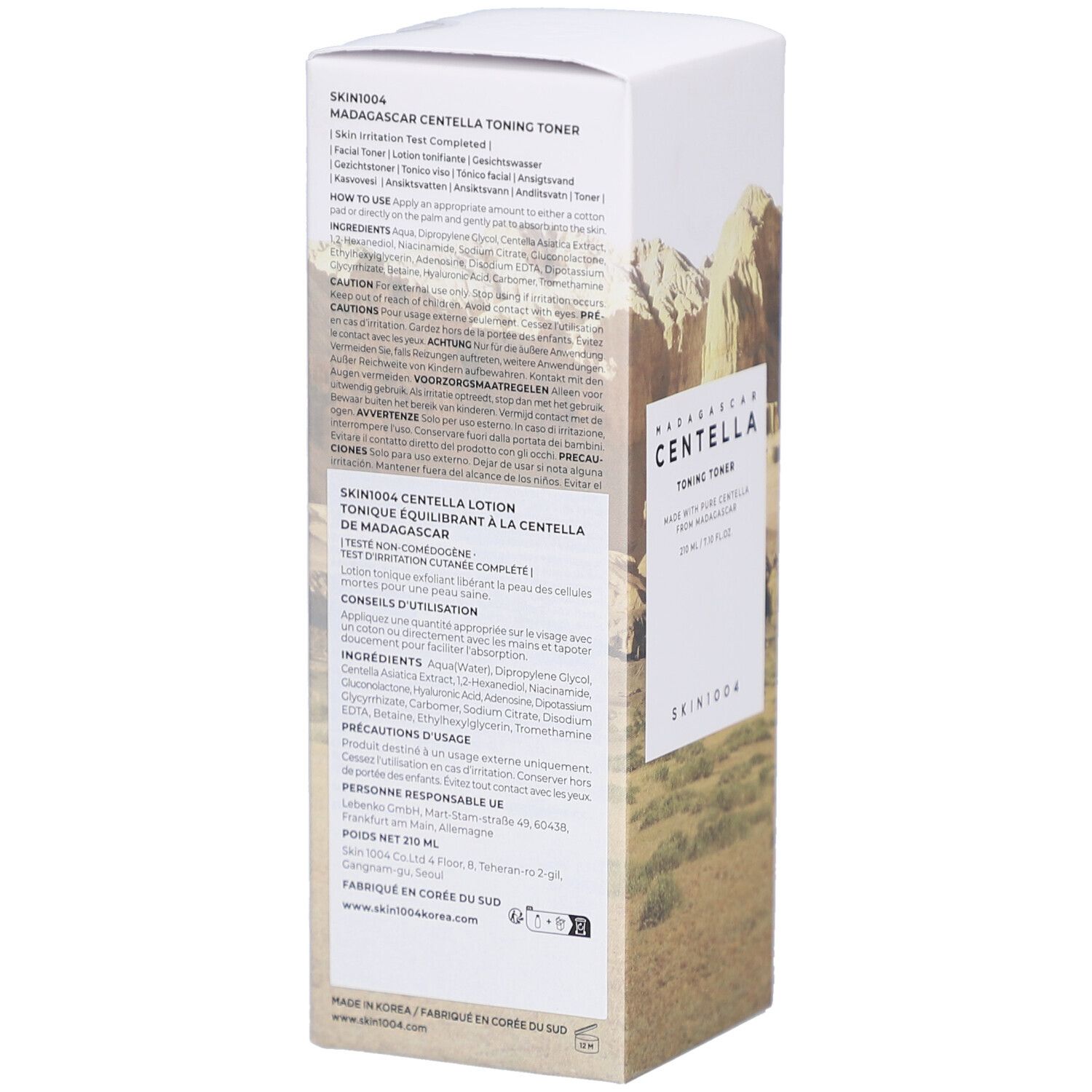 Weiße Produktverpackung mit Text. Text: SKIN1004 MADAGASCAR CENTELLA Toning Toner. Aufschrift: 210 ml / 7.10 fl.oz. Rückseite mit Text.