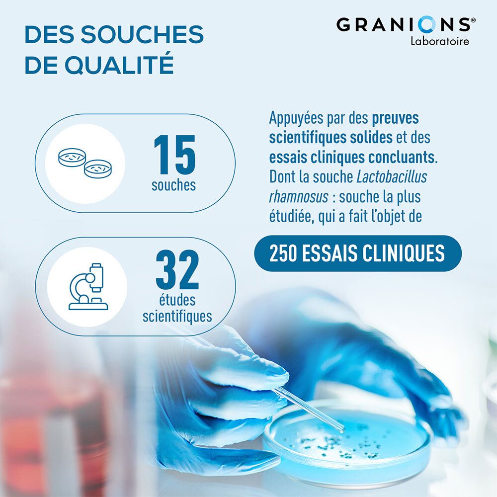 Récipient de laboratoire avec liquide et gélules. Texte : Des souches de qualité. 15 souches. 32 études scientifiques. 250 essais cliniques.
