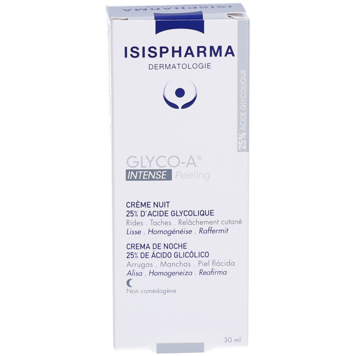 Produktverpackung. Weiß mit blauer Schrift. Enthält Nachtcreme mit 25% Glykolsäure. Marke: ISIPHARMA.