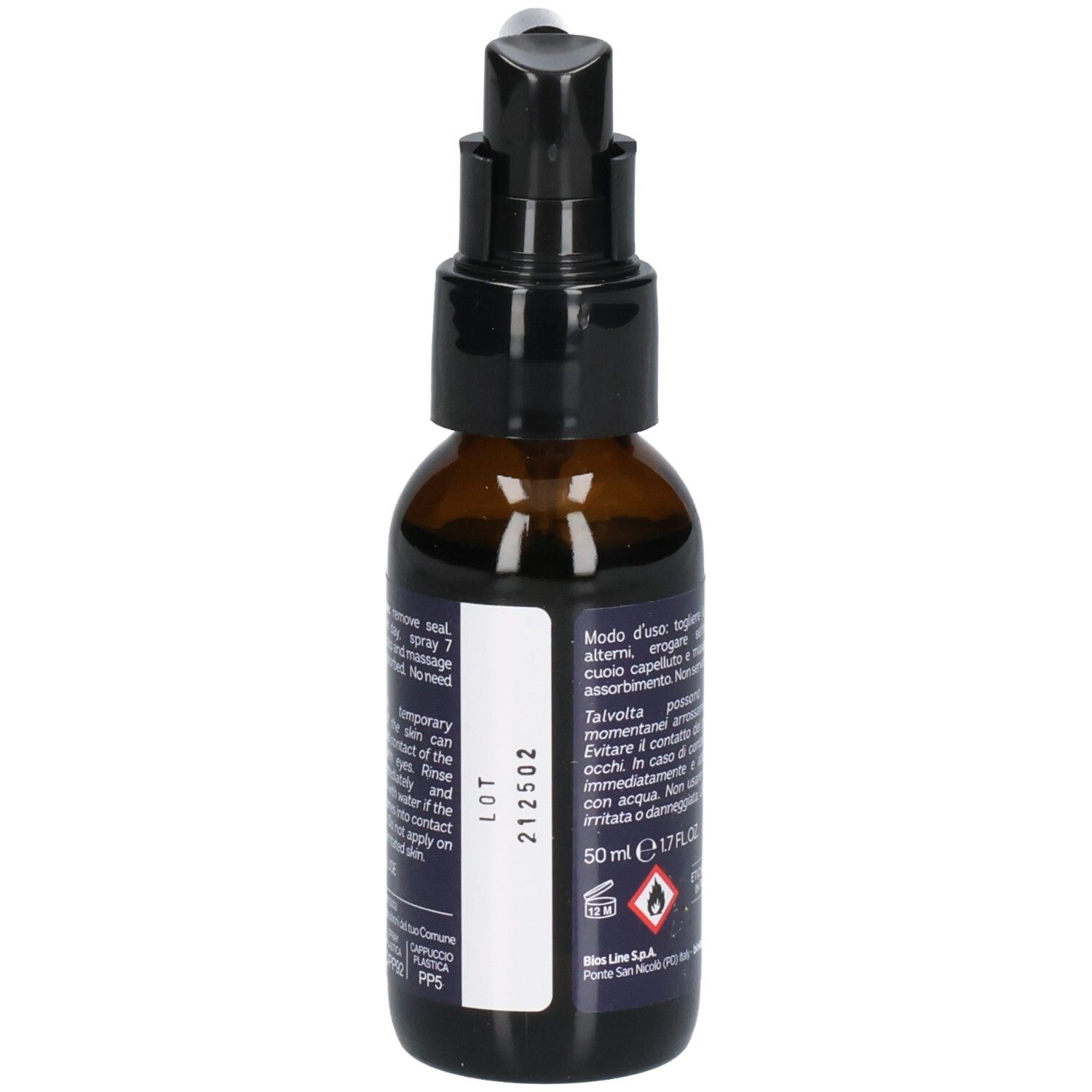 Flacon en verre brun avec pompe noire, contenu 50 ml.