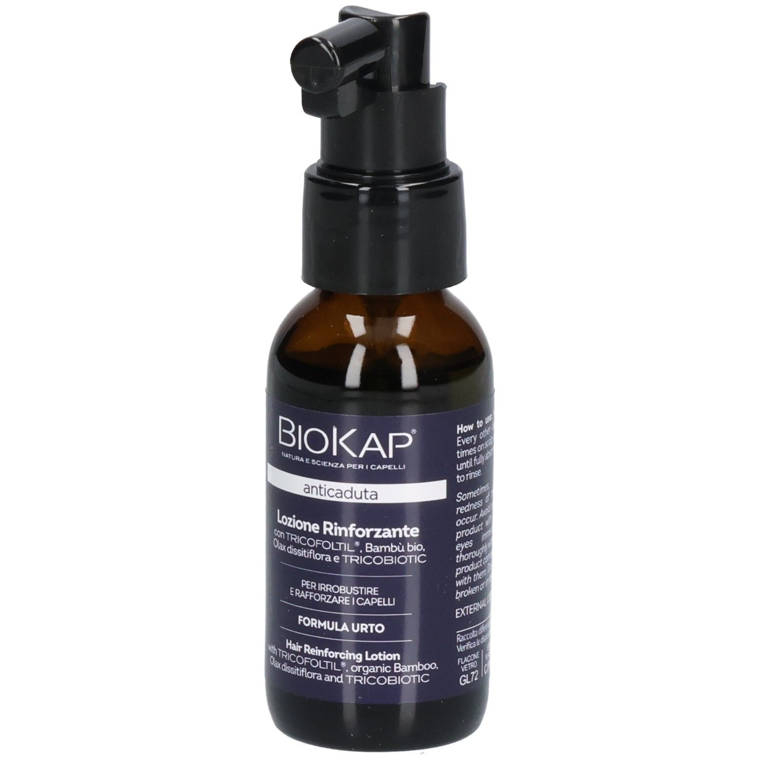 Lotion fortifiante BioKap avec applicateur. Flacon en verre brun foncé avec pompe noire.