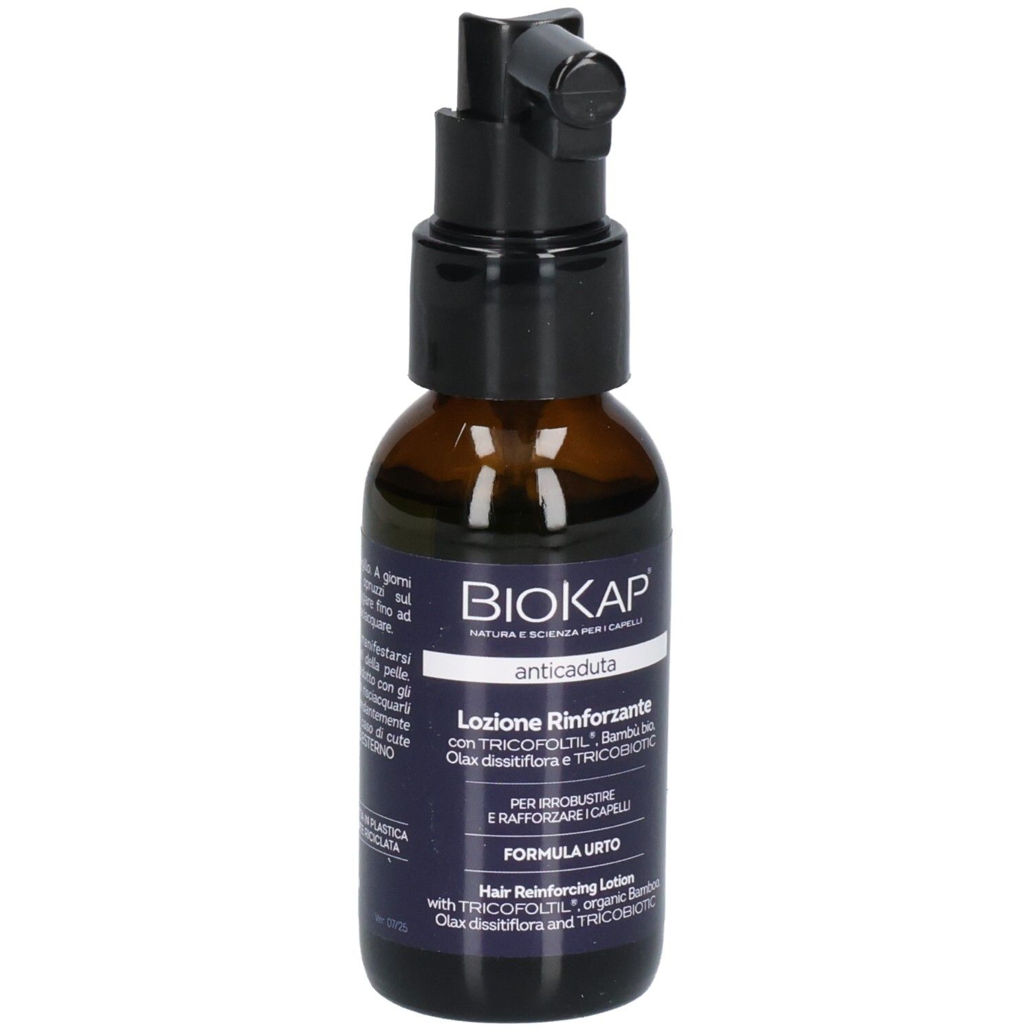 Lotion fortifiante BioKap avec applicateur pompe. Flacon en verre brun foncé avec étiquette noire.