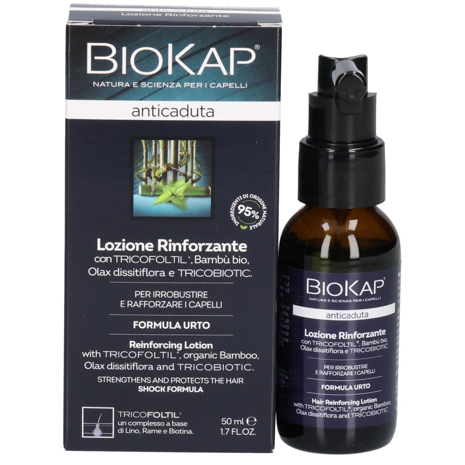 Lotion fortifiante BIOKAP "anticaduta" en flacon de verre brun avec pompe et boîte. 50 ml.