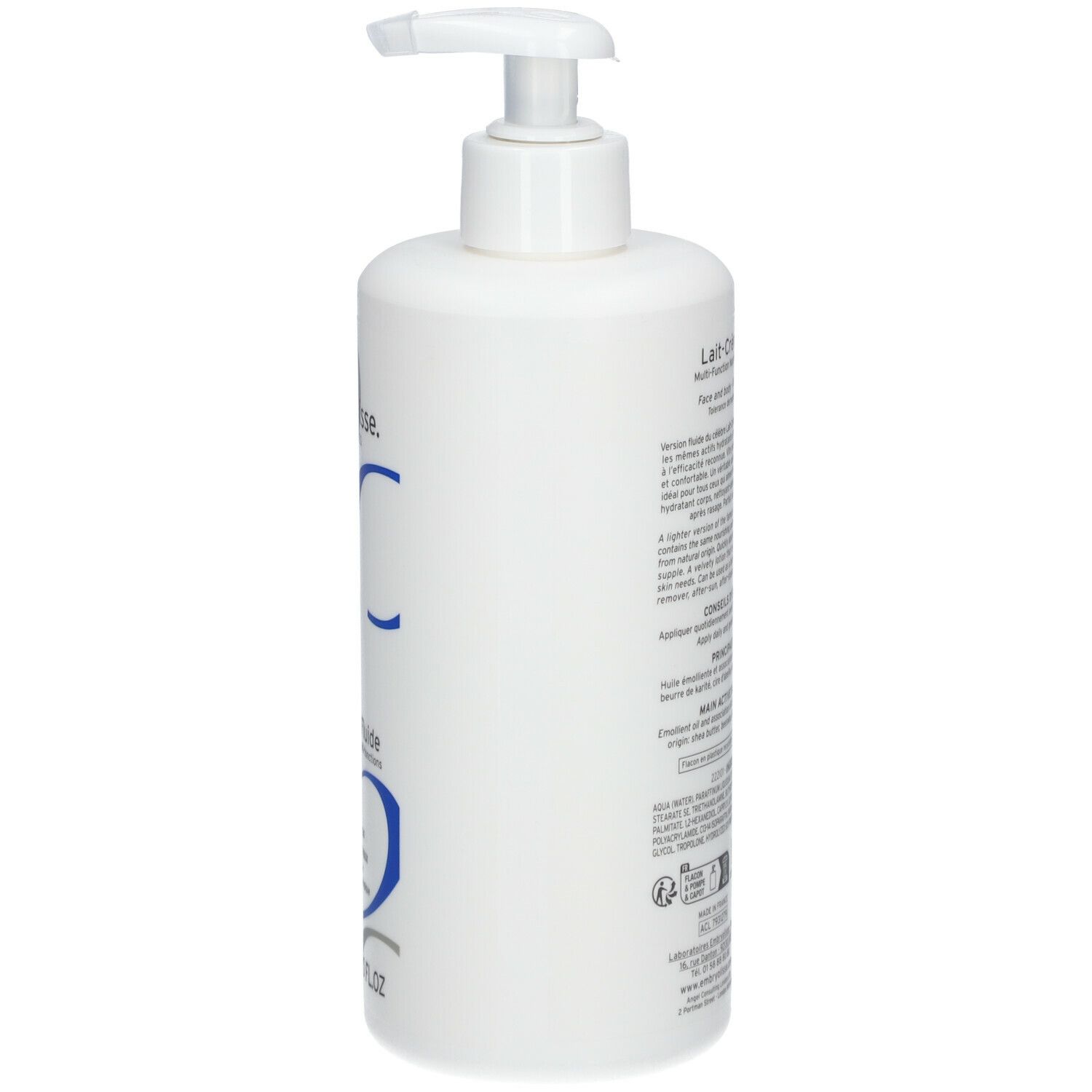 Flacon blanc avec pompe. Inscription: Embryolisse, Lait-Crème Fluide. Dos avec texte.