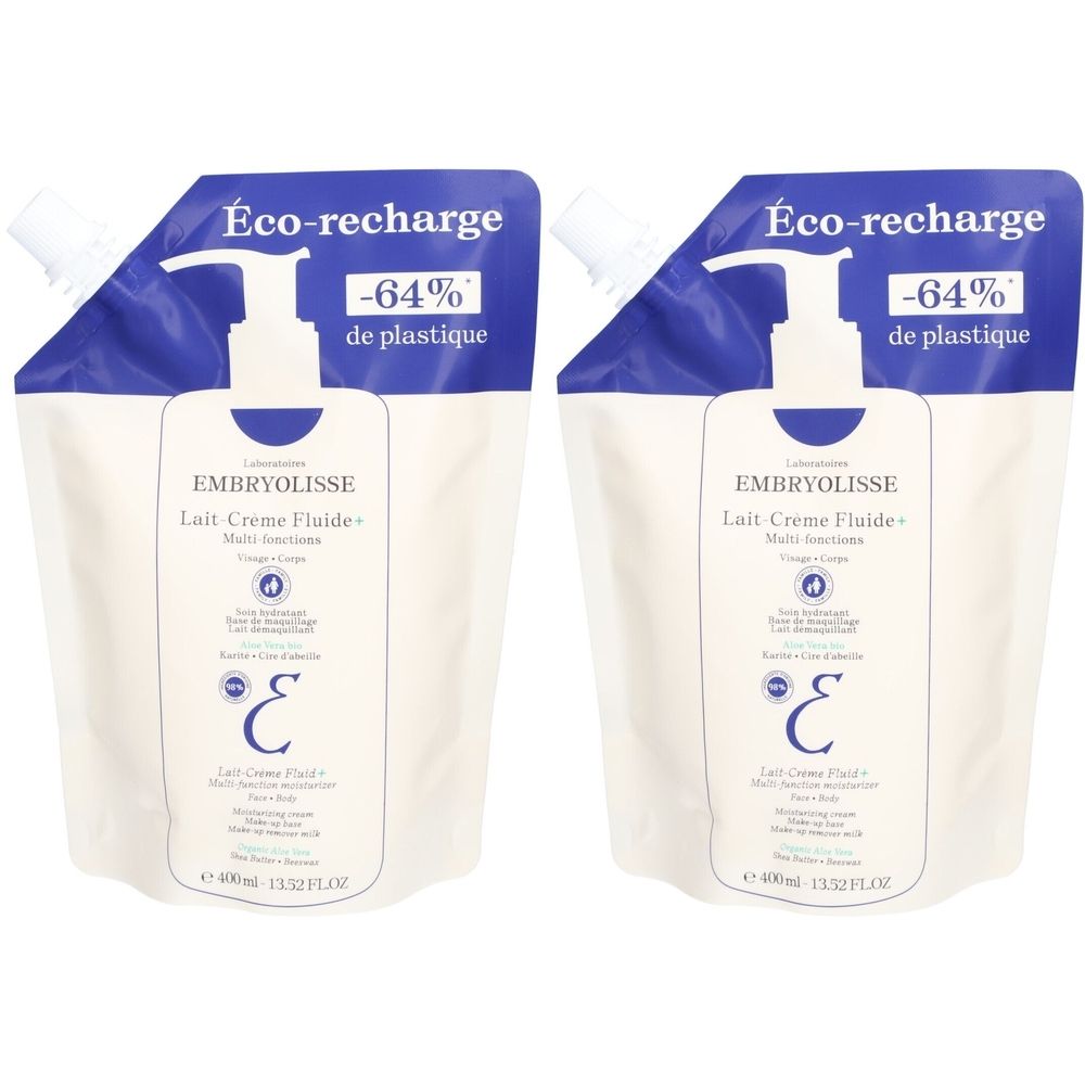 Zwei Nachfüllpackungen Embryolisse Lait-Crème Fluide+. Weiße Beutel mit blauem Aufdruck. Text: Éco-recharge, -64% de plastique.
