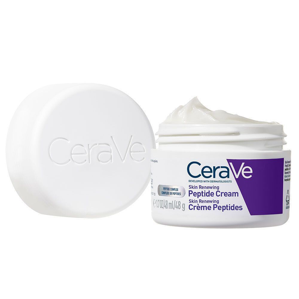 Pot blanc avec couvercle à côté. Inscription : CeraVe Skin Renewing Peptide Cream.