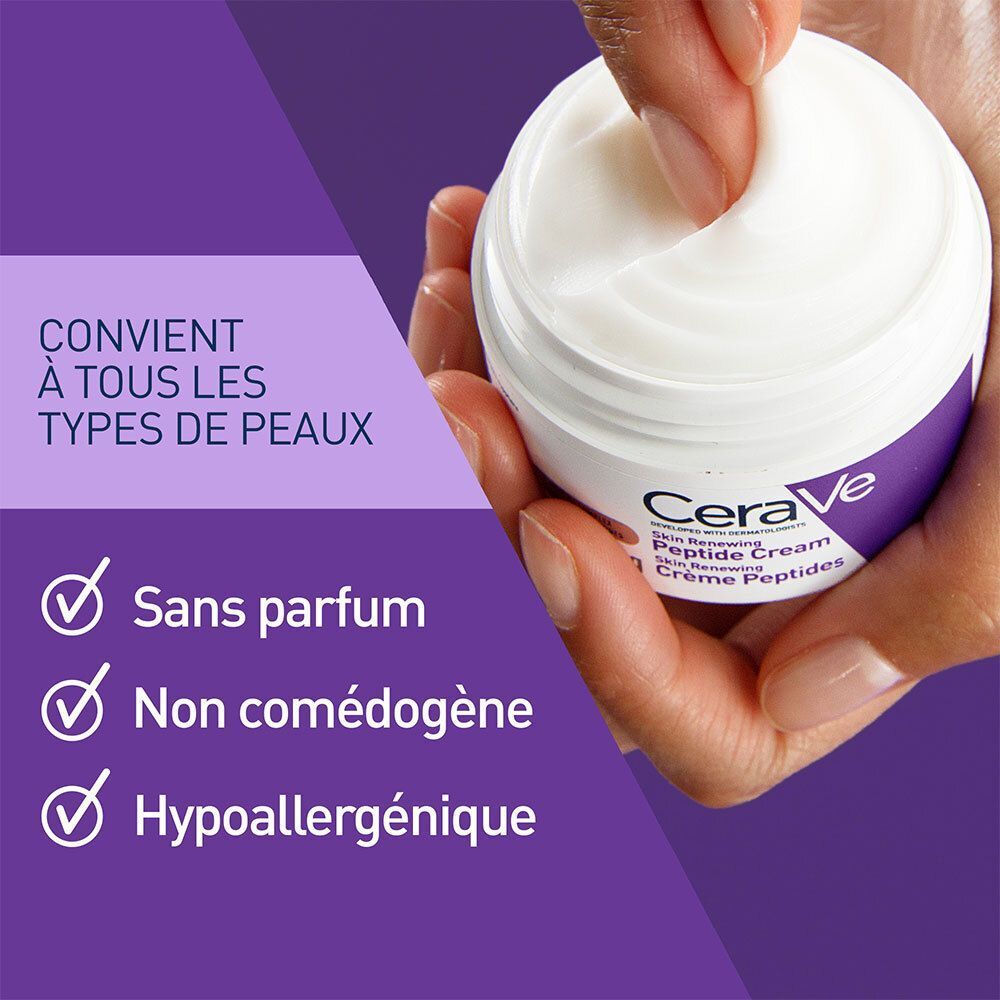 Main touchant la crème dans le pot. Texte : Convient à tous les types de peau, sans parfum, non comédogène, hypoallergénique.