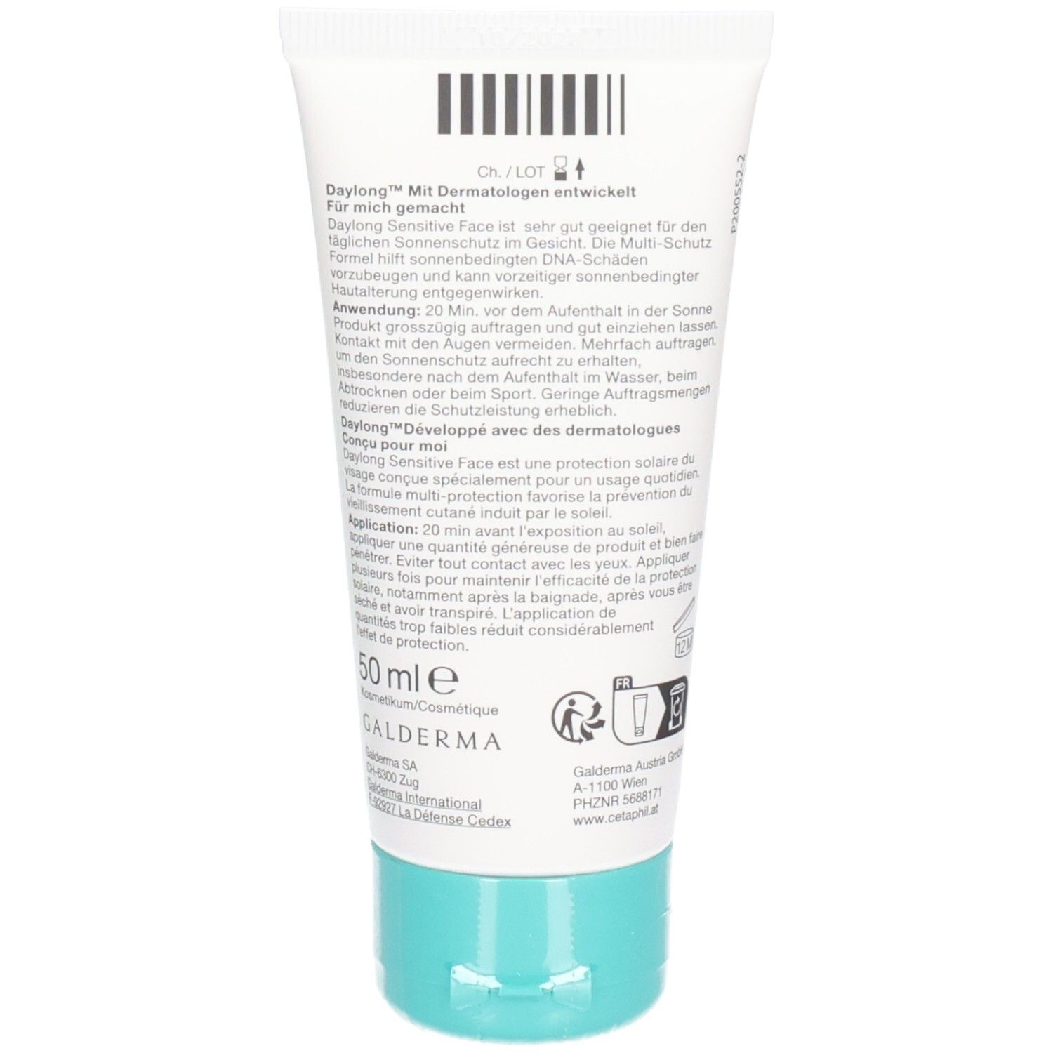 Rückseite der Tube. Text in Deutsch und Französisch. Barcode und Herstellerinformationen.