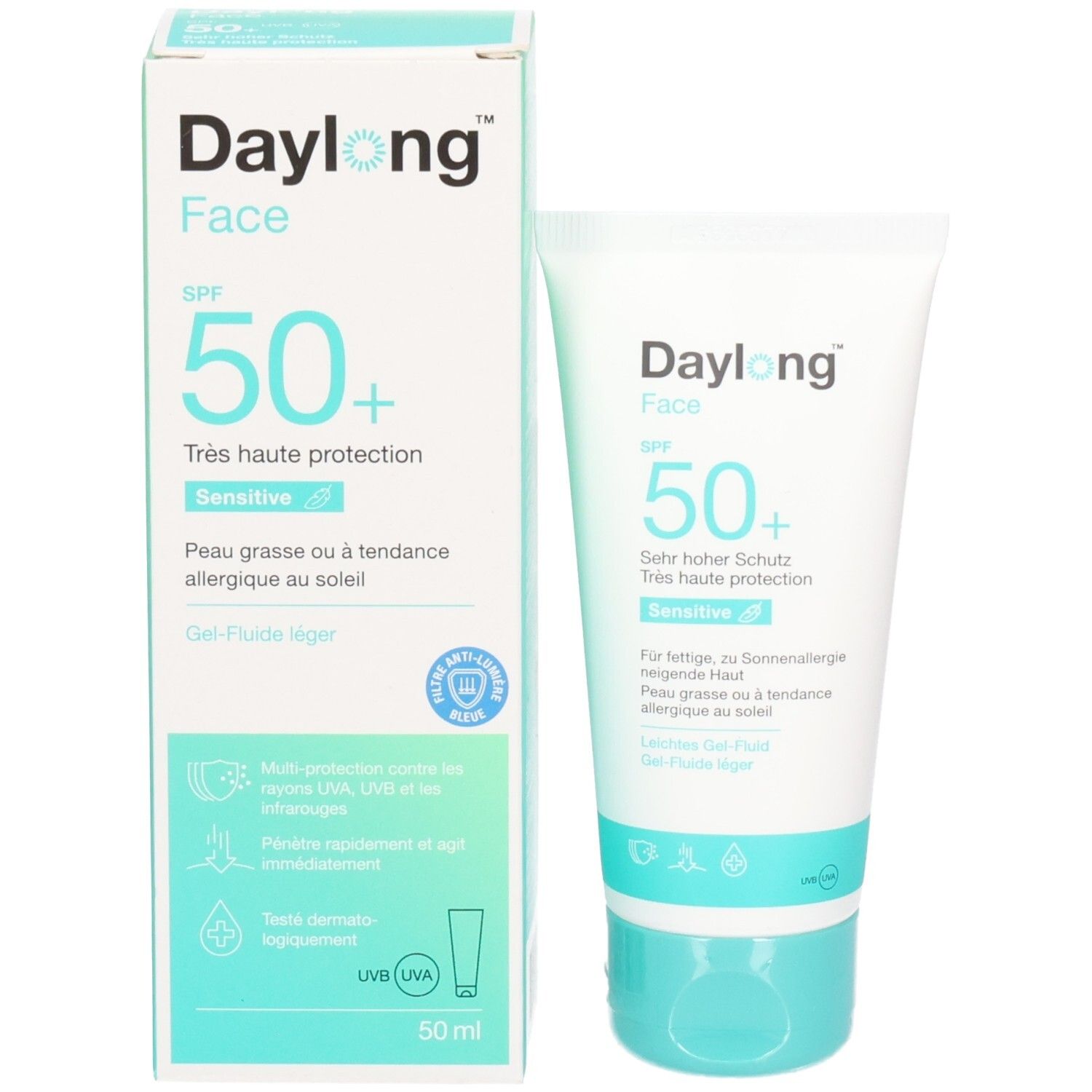 Produktverpackung und Tube. Verpackung: weiss, türkis. Aufschrift: Daylong Face SPF 50+. Text in Deutsch und Französisch.