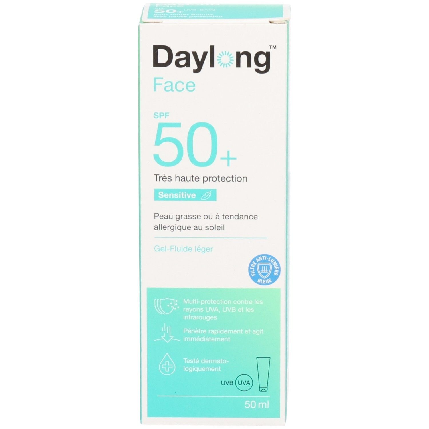 Produktverpackung. Weiss, türkis. Aufschrift: Daylong Face SPF 50+. Text in Deutsch und Französisch. 50 ml.