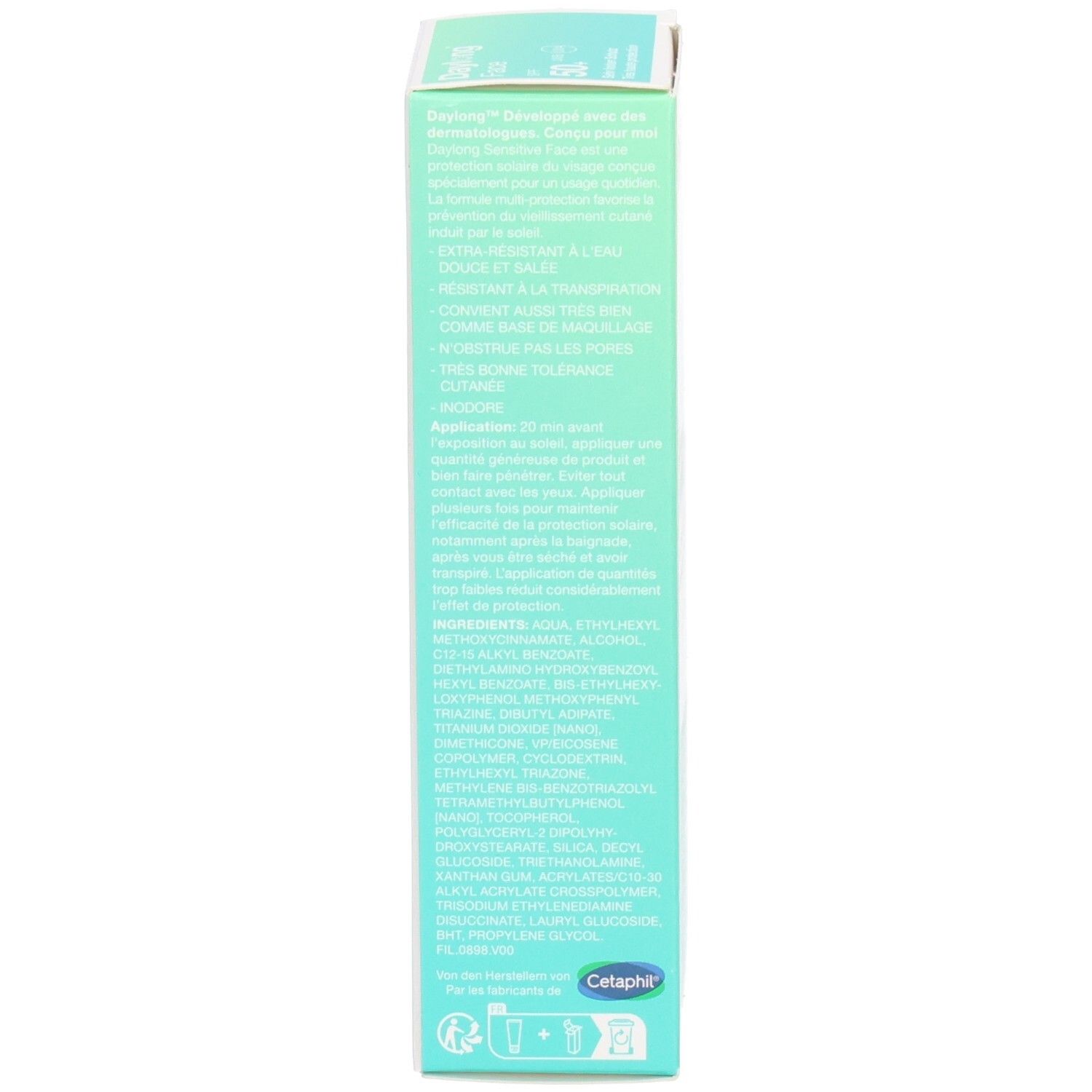 Schmale Produktverpackung. Weiss, türkis. Aufschrift: Daylong Face. Text in Deutsch und Französisch. Inhaltsstoffe.