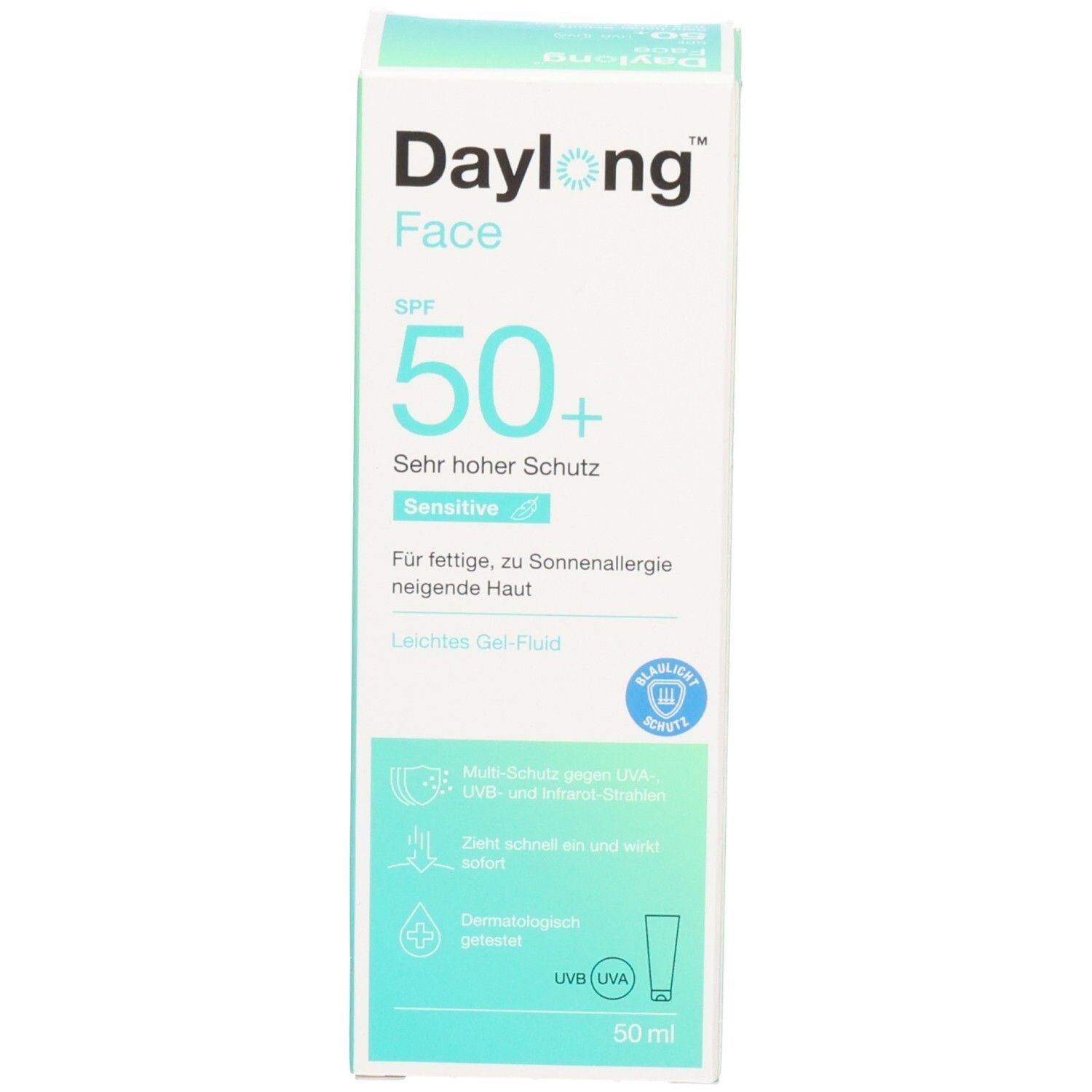 Produktverpackung. Weiss, türkis. Aufschrift: Daylong Face SPF 50+. Text in Deutsch. 50 ml. Dermatologisch getestet.