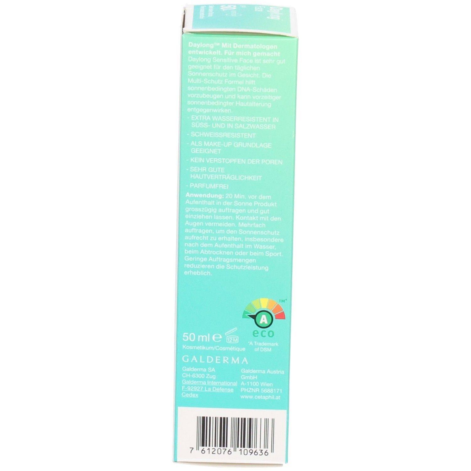 Rückseite der Produktverpackung. Text in Deutsch und Französisch. Herstellerinformationen. 50 ml. Umweltzeichen.