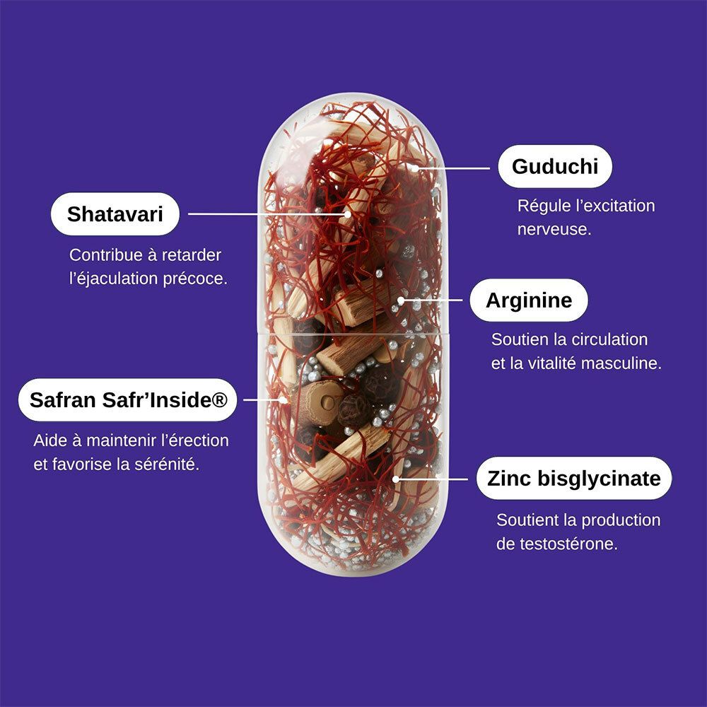 Gélule transparente contenant des fils rouges et des morceaux de bois. Ingrédients étiquetés : Guduchi, Arginine, Zinc bisglycinate, Shatavari.