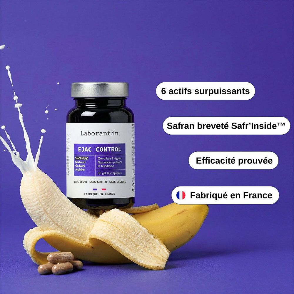 Flacon de gélules sur une banane. Texte : "6 actifs", "Safran Saf'Inside™", "Efficacité prouvée", "Fabriqué en France".