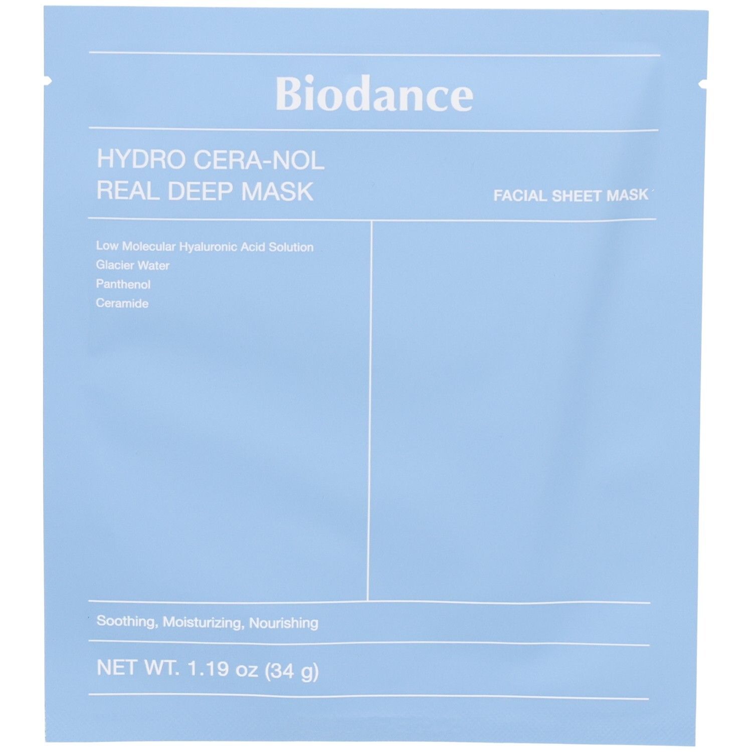 Hellblaues Tütchen mit Produktinformationen. Aufschrift: Biodance, HYDRO CERA-NOL REAL DEEP MASK, FACIAL SHEET MASK.