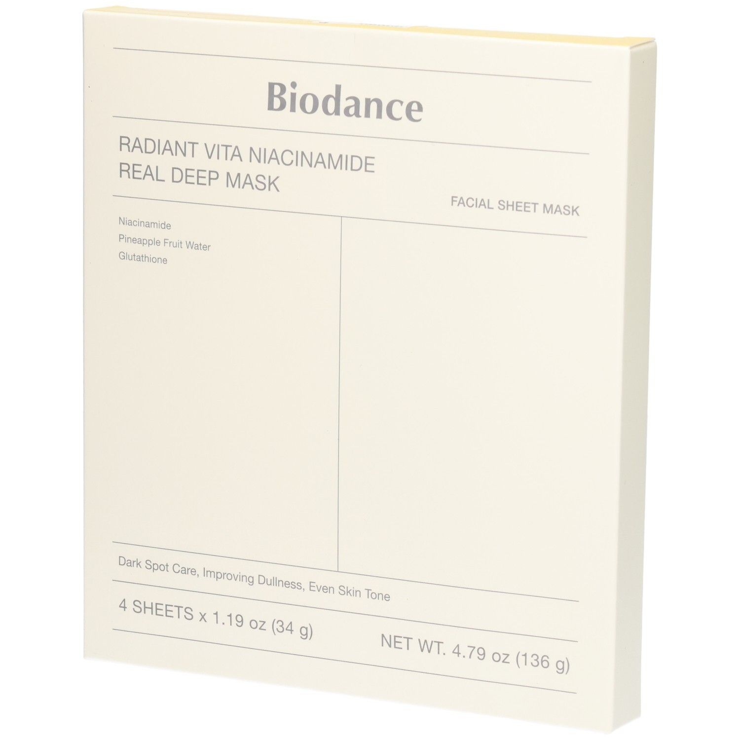 Packung mit 4 Biodance Radiant Vita Niacinamide Gesichtsmasken.