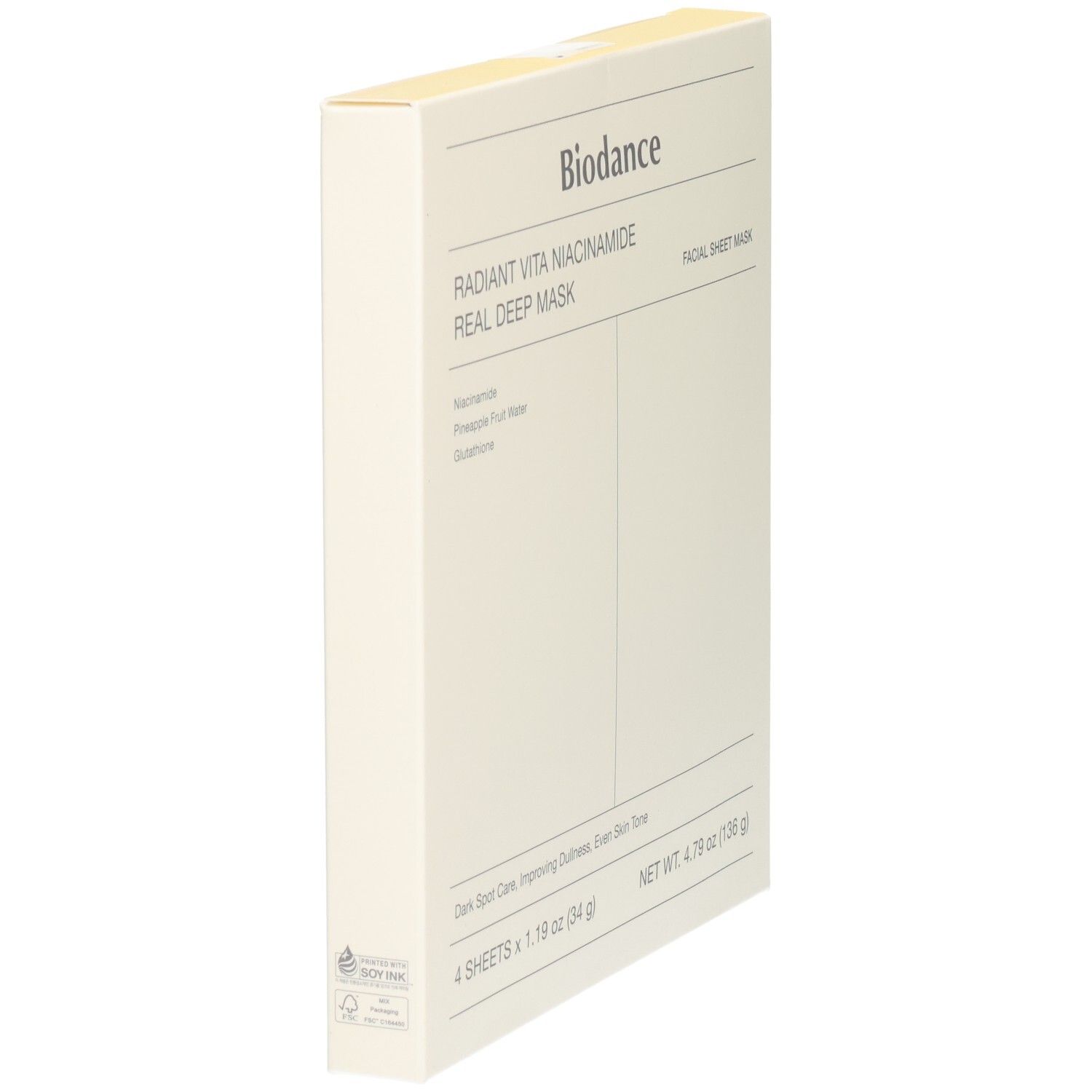 Packung mit 4 Biodance Radiant Vita Niacinamide Gesichtsmasken.