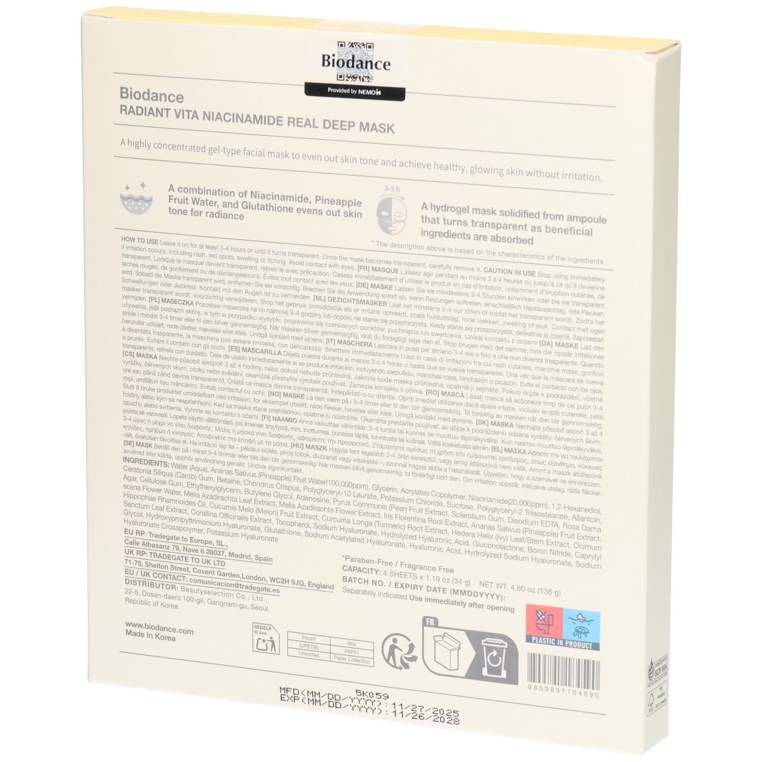 Rückseite der Packung mit 4 Biodance Radiant Vita Niacinamide Gesichtsmasken.