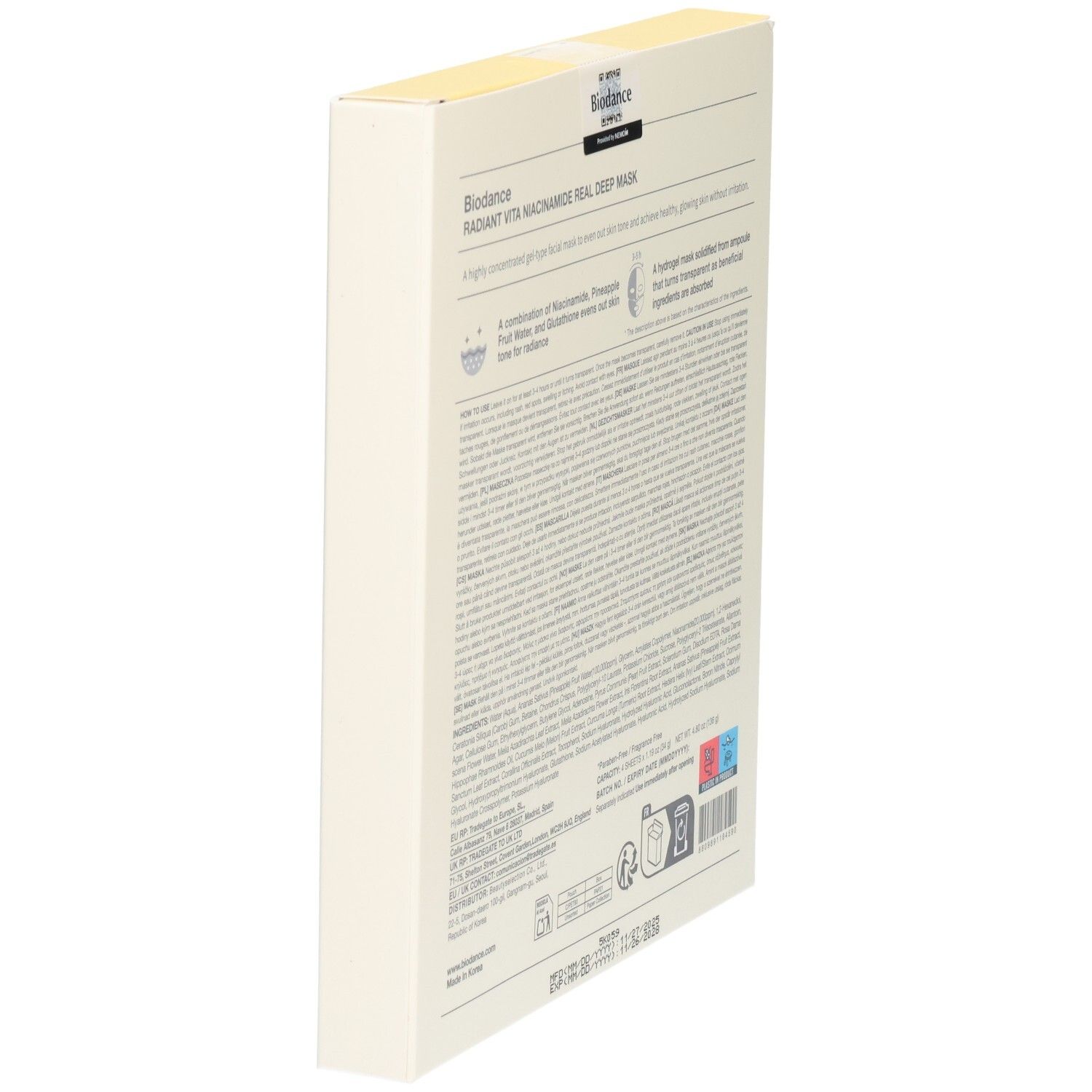 Rückseite der Packung mit 4 Biodance Radiant Vita Niacinamide Gesichtsmasken.