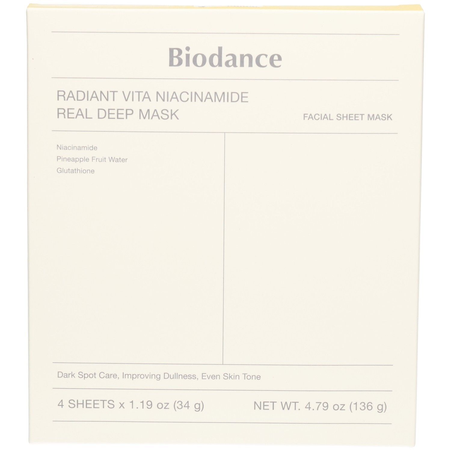 Packung mit 4 Biodance Radiant Vita Niacinamide Gesichtsmasken.