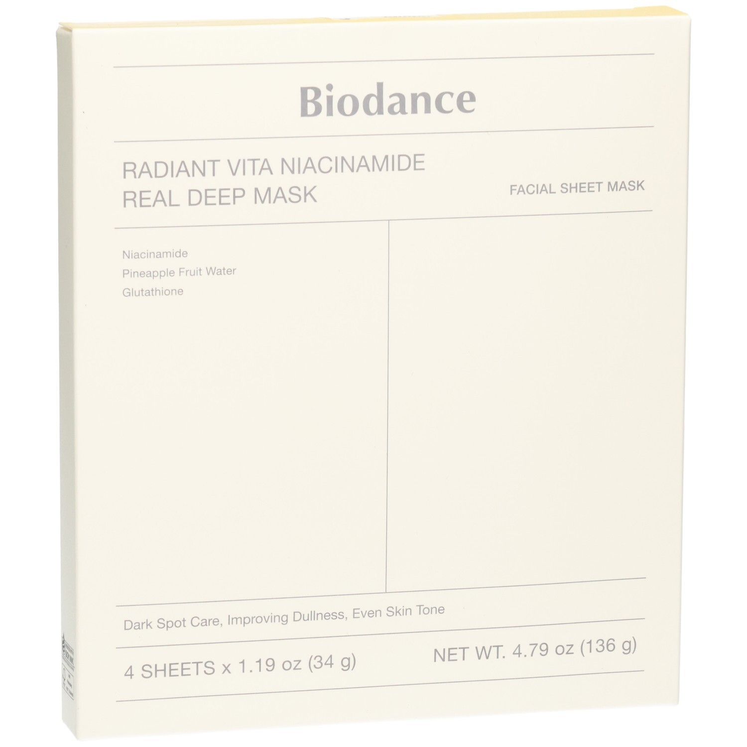 Packung mit 4 Biodance Radiant Vita Niacinamide Gesichtsmasken.