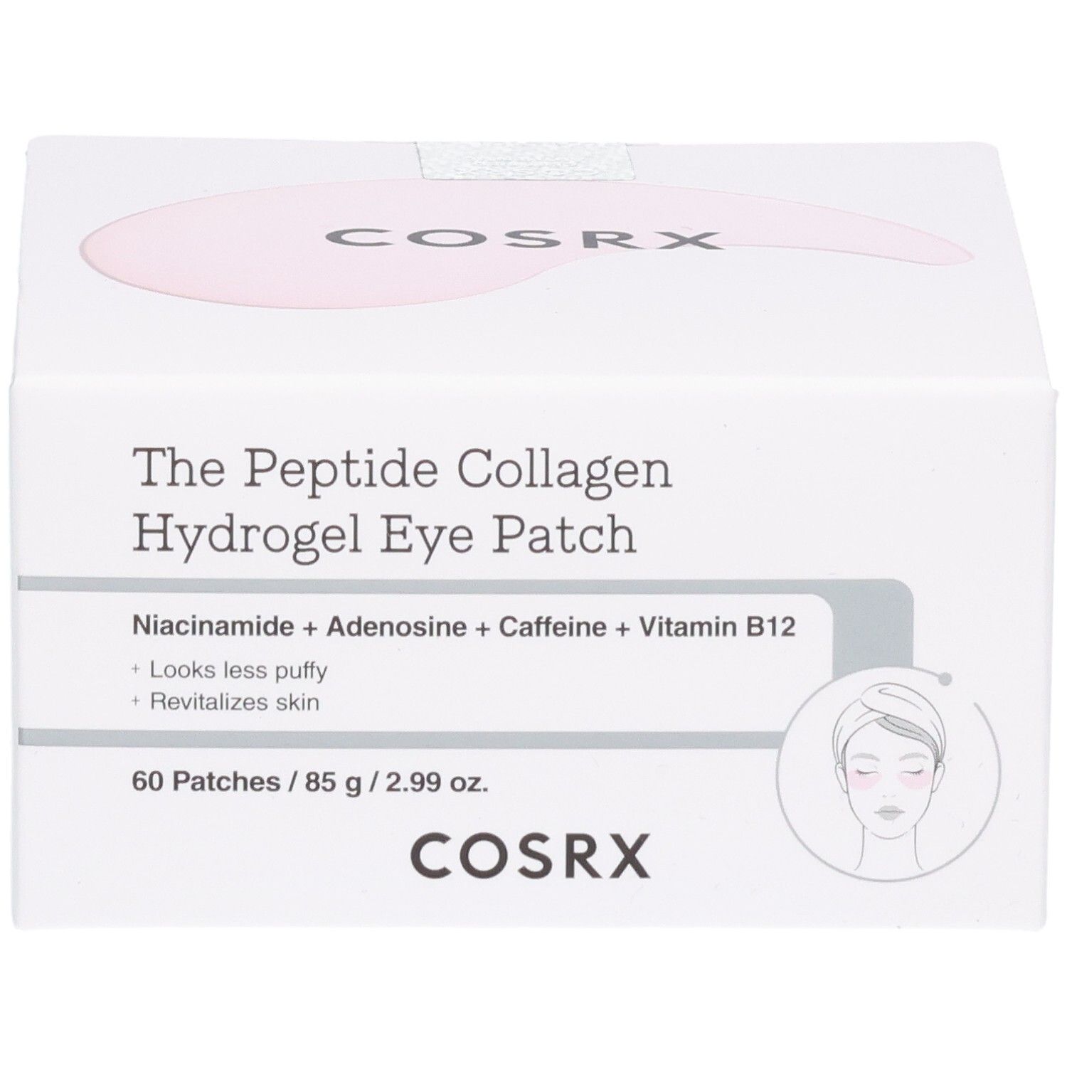 COSRX Augenpads: Vorderseite der Box mit Produktnamen und Vorteilen.