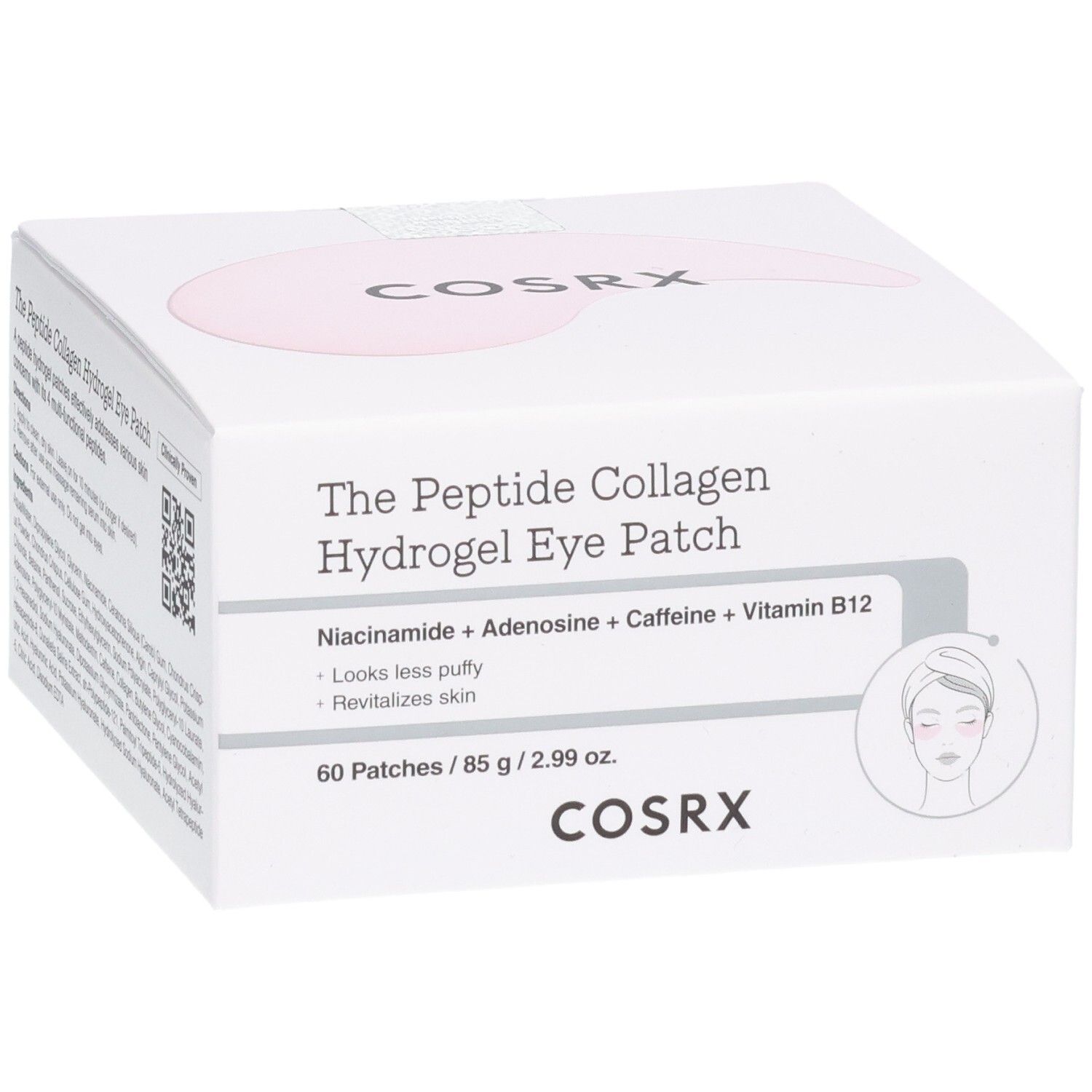 COSRX Augenpads: Schrägansicht der Box mit Produktnamen und rosa Augenpad-Symbol.