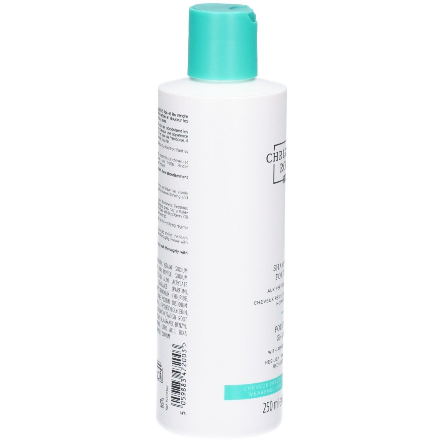 Rückseite einer weißen Flasche. Text in mehreren Sprachen. Marke: Christophe Robin. Inhaltsstoffe und Anwendungshinweise.