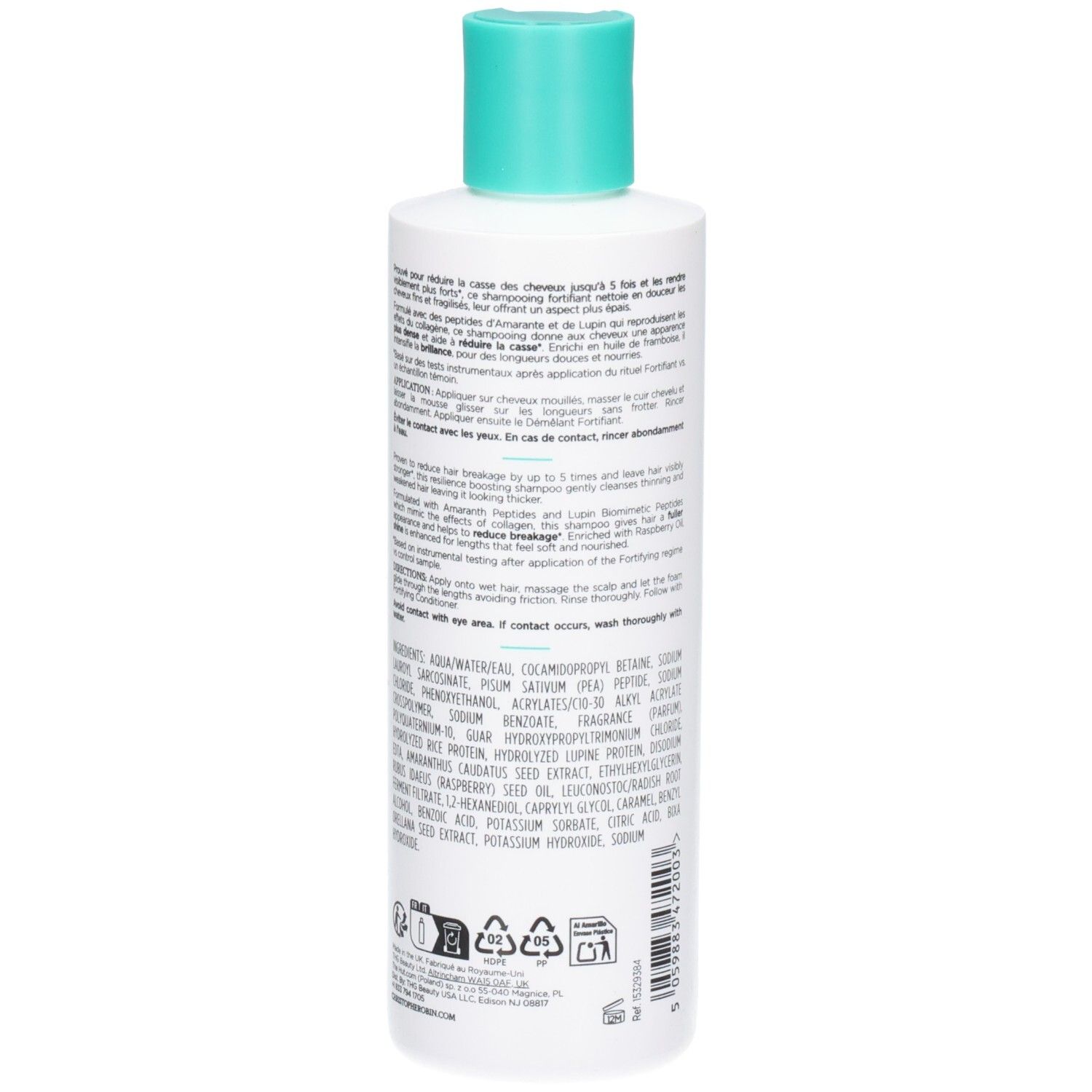 Rückseite einer weißen Flasche. Text in mehreren Sprachen. Inhaltsstoffe und Anwendungshinweise.