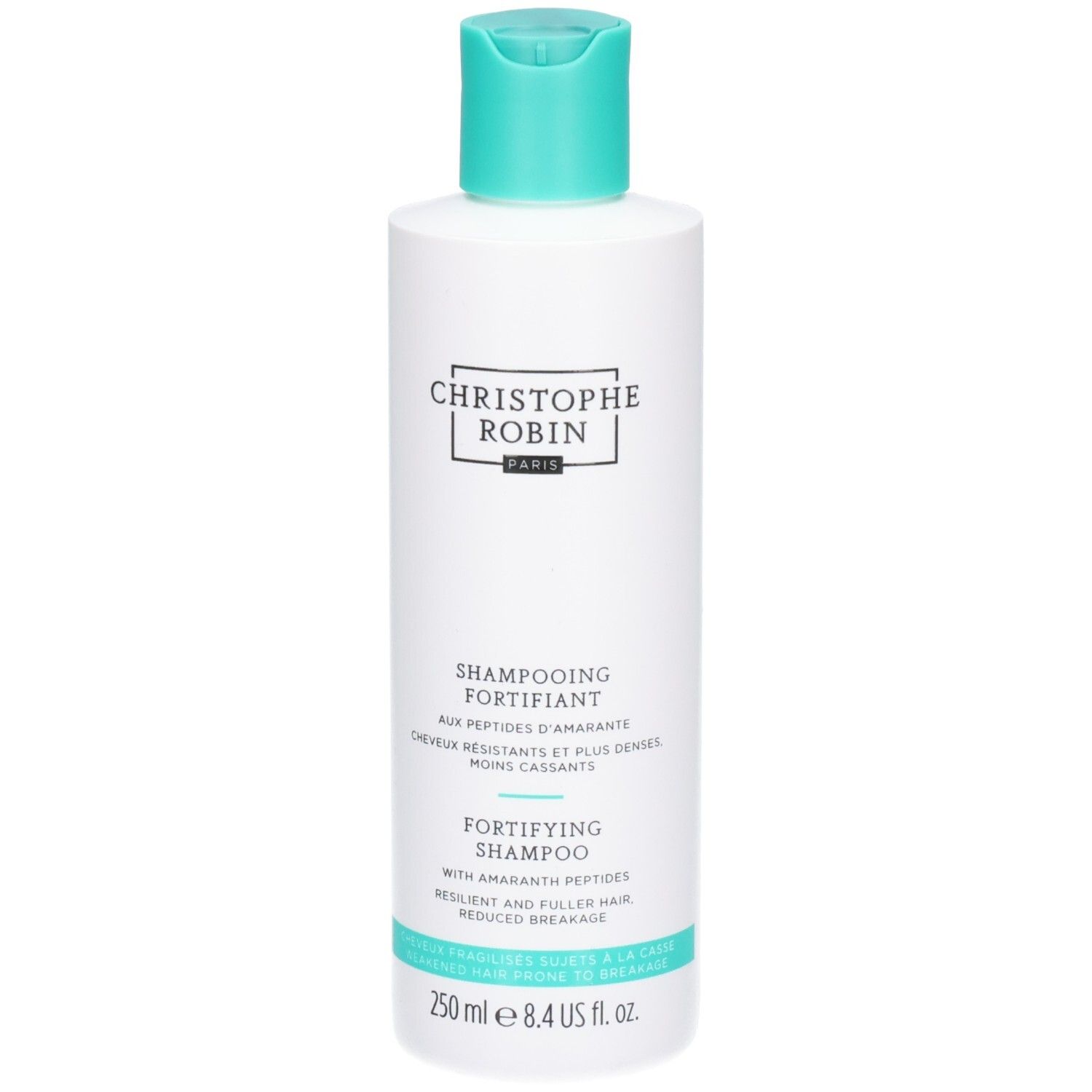 Weiße Flasche mit türkisgrünem Verschluss. Aufschrift: Christophe Robin, Shampooing Fortifiant, Fortifying Shampoo.