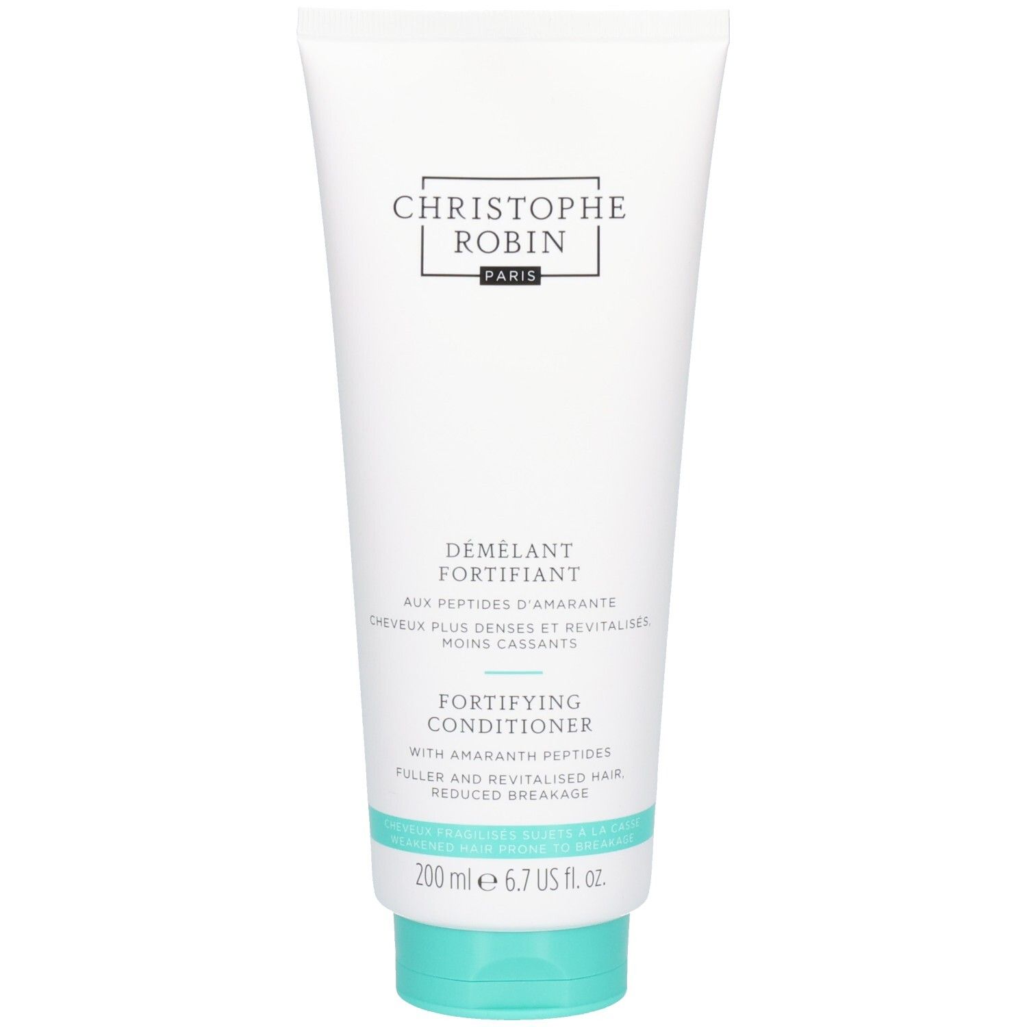 Weiße Tube mit türkisfarbenem Verschluss. Aufschrift: Christophe Robin, Fortifying Conditioner. 200 ml.