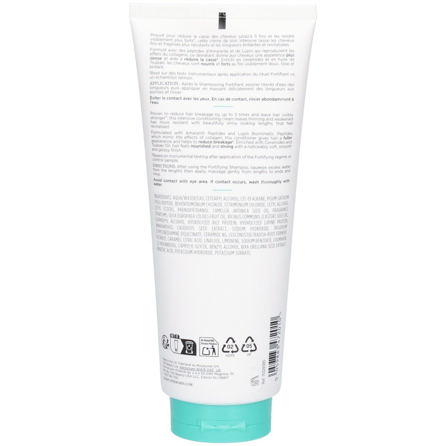 Rückseite der weißen Tube mit türkisfarbenem Verschluss. Text in mehreren Sprachen. Recycling-Symbole.