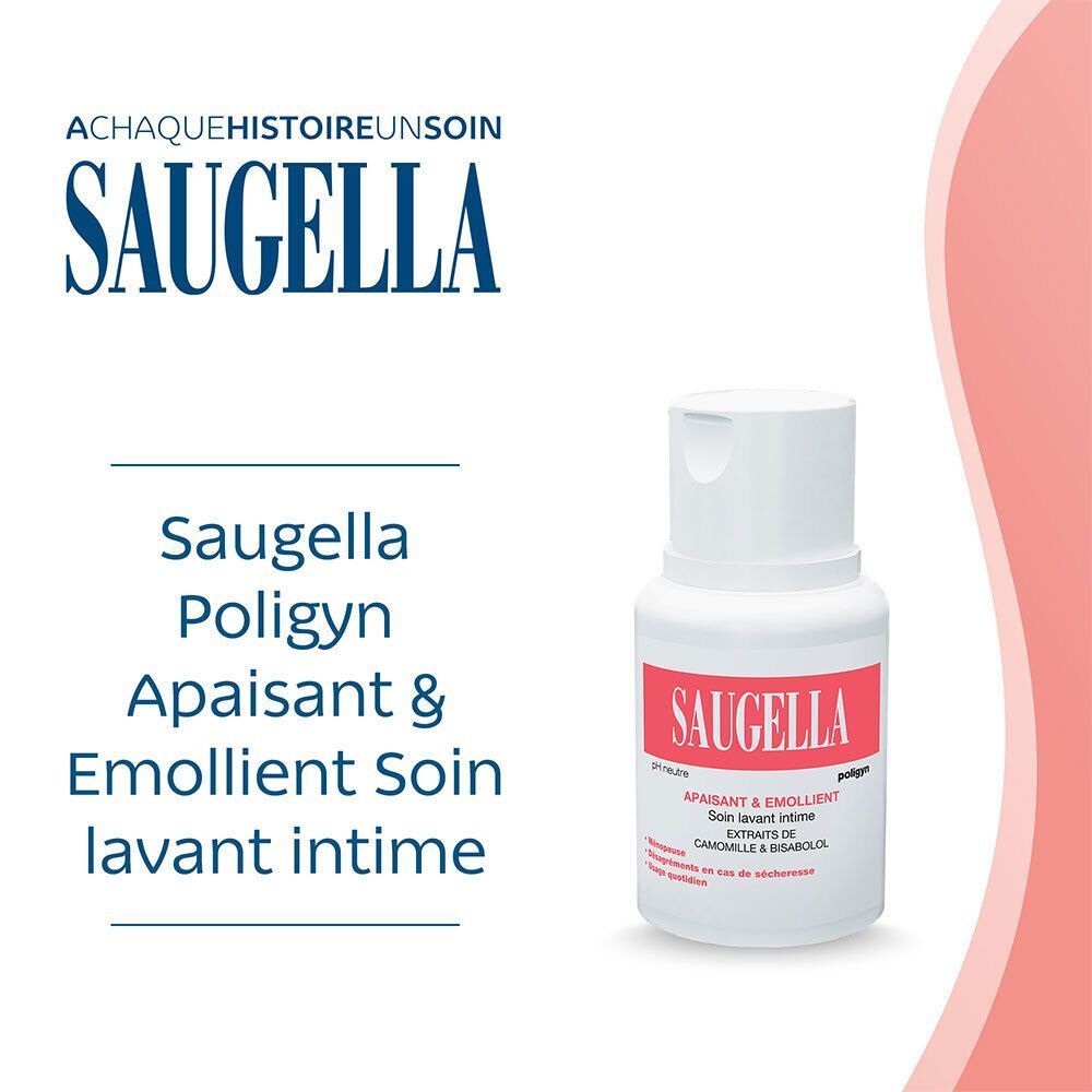 Un flacon blanc avec étiquette rouge. Inscription SAUGELLA. Texte : Apaisant & Emollient, Soin lavant intime, Extraits de Camomille & Bisabolol. Fond rose.