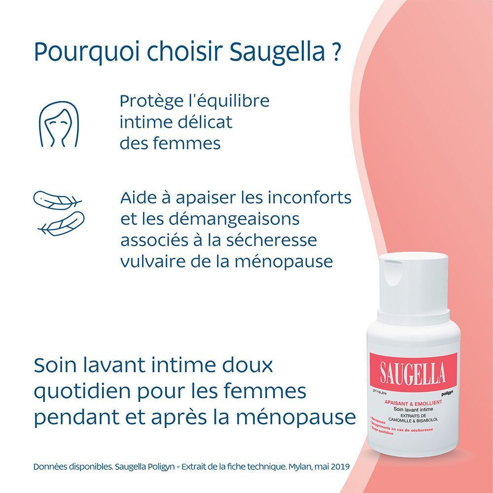 Un flacon blanc avec étiquette rouge. Inscription SAUGELLA. Texte : Apaisant & Emollient, Soin lavant intime, Extraits de Camomille & Bisabolol. Texte et illustrations.