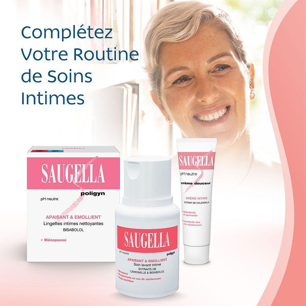 Femme souriante. Produits : flacon, emballage, tube. Inscription SAUGELLA. Texte : Complétez Votre Routine de Soins Intimes.