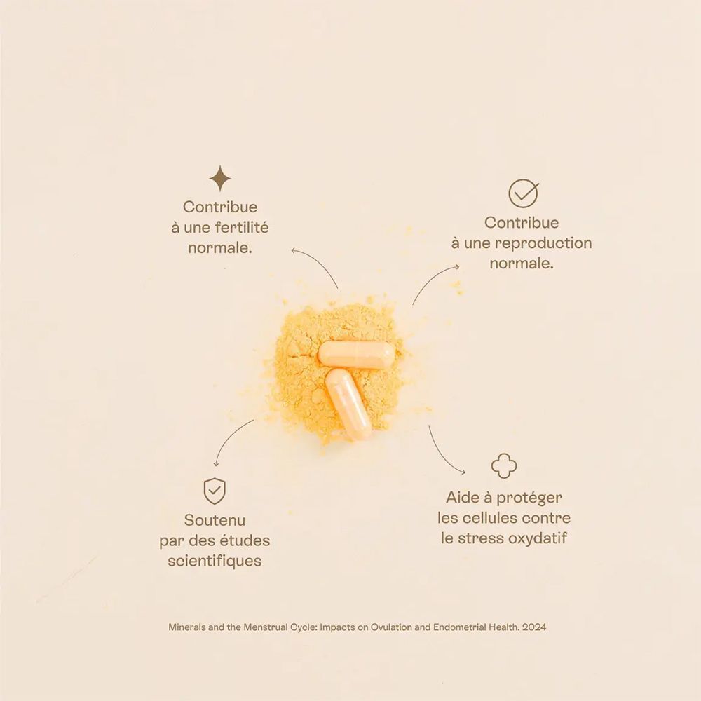 Graphique avec poudre jaune et deux gélules. Texte : "Contribute à une fertilité normale" et "Contribute à une reproduction normale".