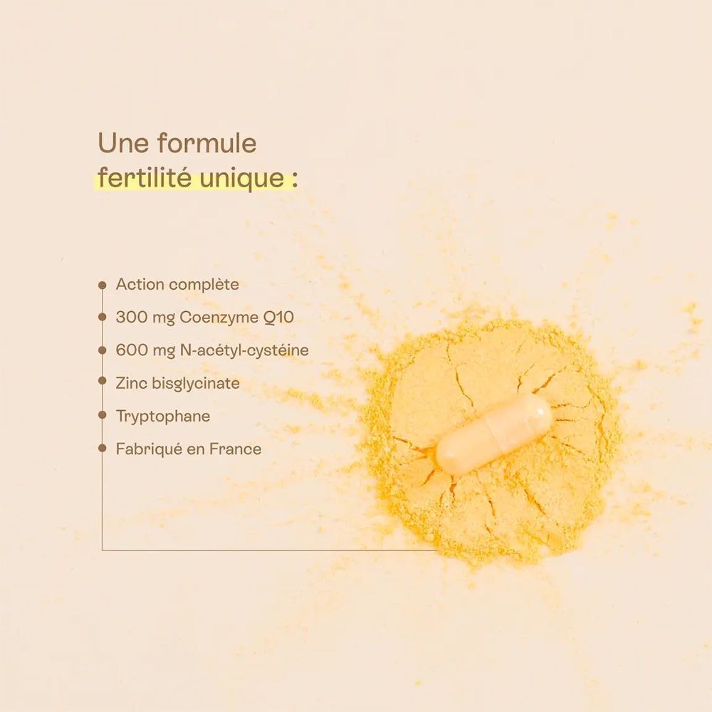 Graphique avec poudre jaune, une gélule et du texte. Texte : "300 mg Coenzyme Q10", "600 mg N-acétyl-cystéine".