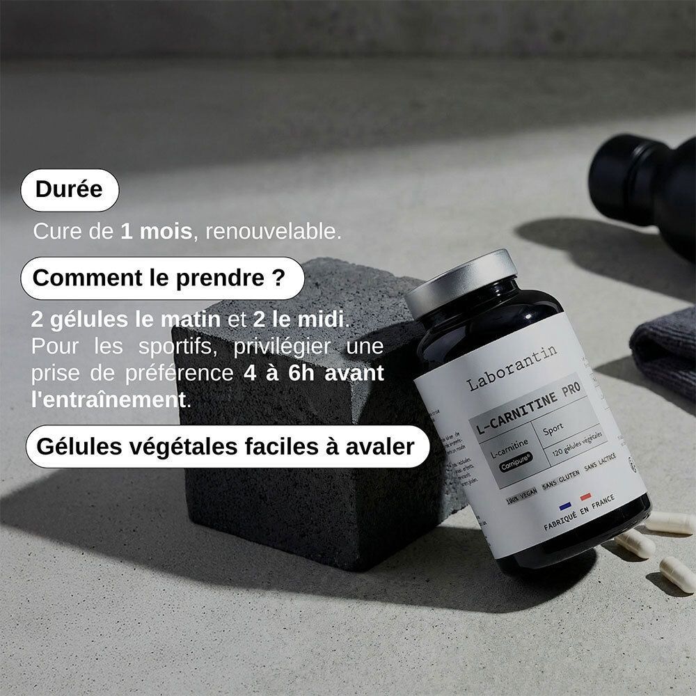 Flacon Laborantin L-Carnitine Pro à côté d'une pierre. Texte: Cure de 1 mois, renouvelable. Prise: 2 gélules matin et midi. Gélules végétales.