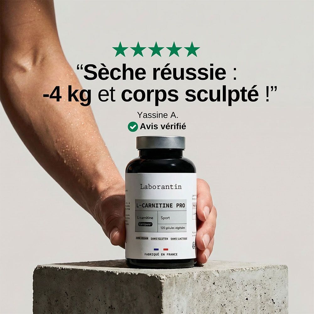 Flacon Laborantin L-Carnitine Pro sur socle. Citation: Sèche réussie: -4 kg et corps sculpté ! Yassine A. Avis vérifié.
