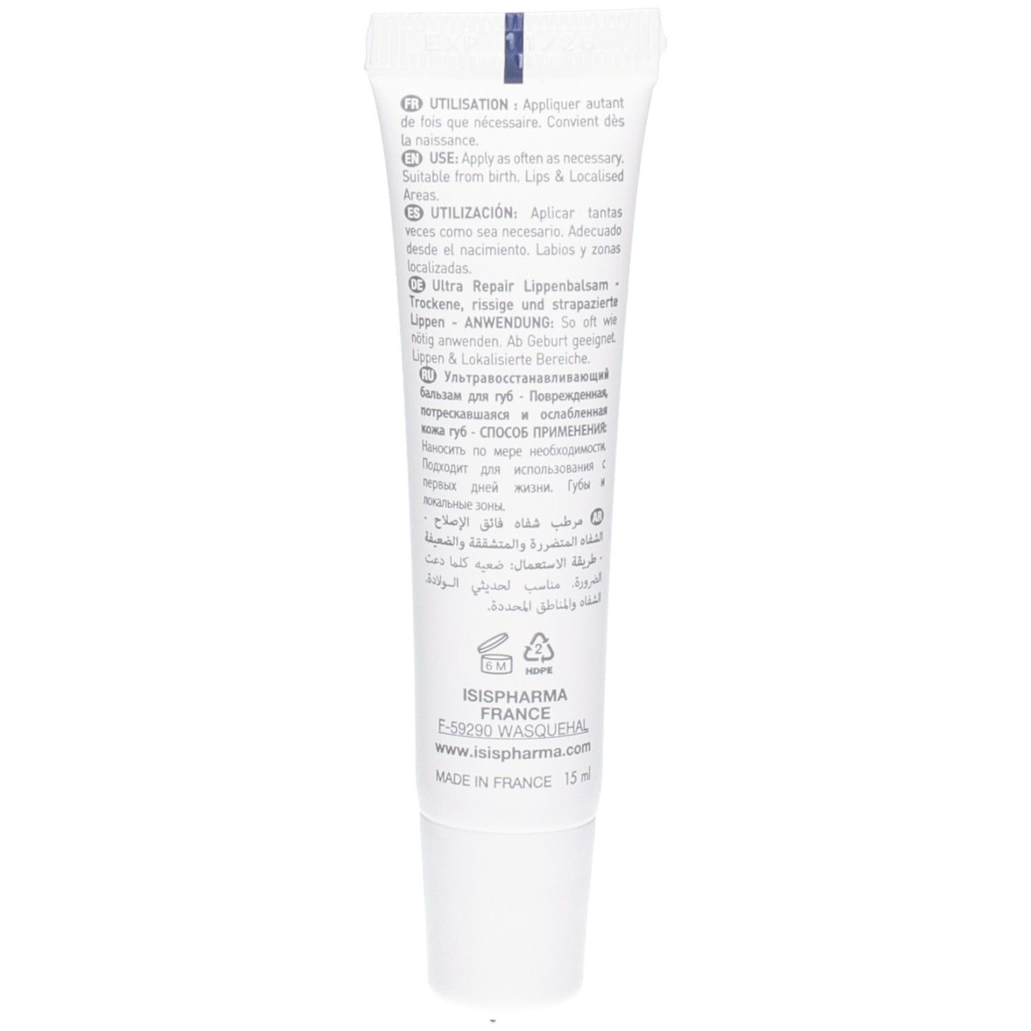Rückseite der Isispharma CicaPro Lippenbalsam Tube mit Anwendungshinweisen.