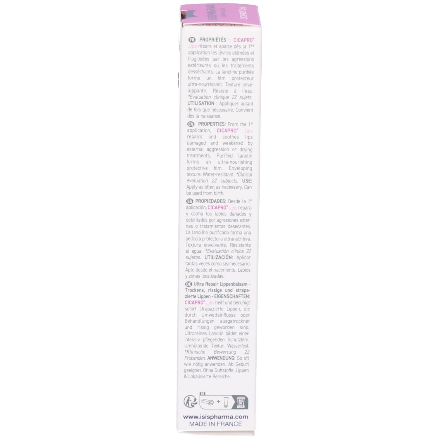 Seite der Isispharma CicaPro Lippenbalsam Umverpackung mit Produkteigenschaften.