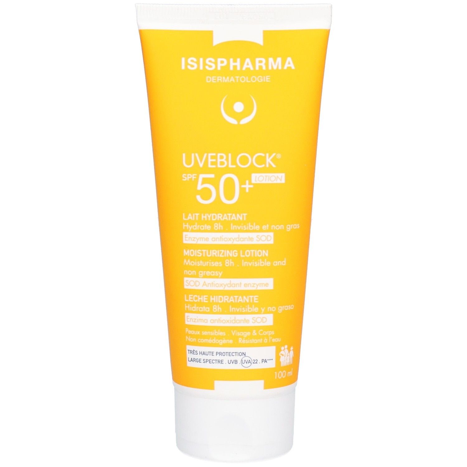 Isispharma Uveblock Milch SPF50+ Feuchtigkeitslotion in gelber Tube mit weißem Verschluss. Hoher UV-Schutz.