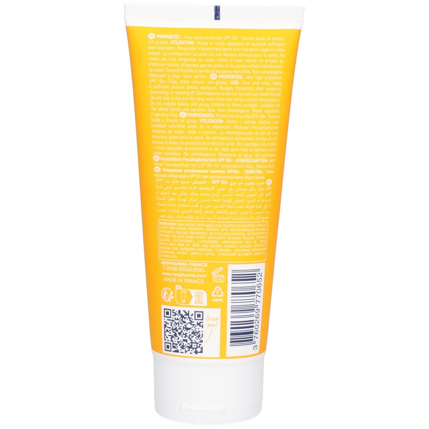 Rückseite der Isispharma Uveblock Milch SPF50+ Tube mit Anwendungshinweisen und Produktinformationen. Gelbe Tube.