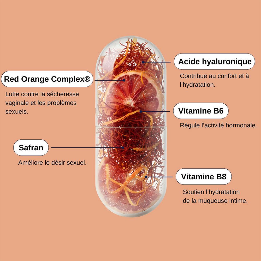 Eine Kapsel geöffnet, die rote Orangen-, Safran- und Vitamin-Inhaltsstoffe zeigt.