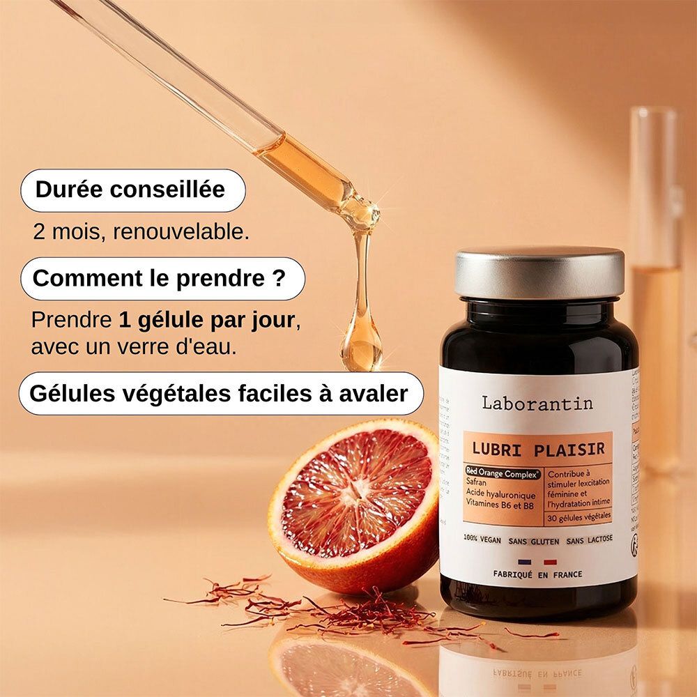 Flasche mit 30 Kapseln, Pipette mit Tropfen, halbe Blutorange und Safran.