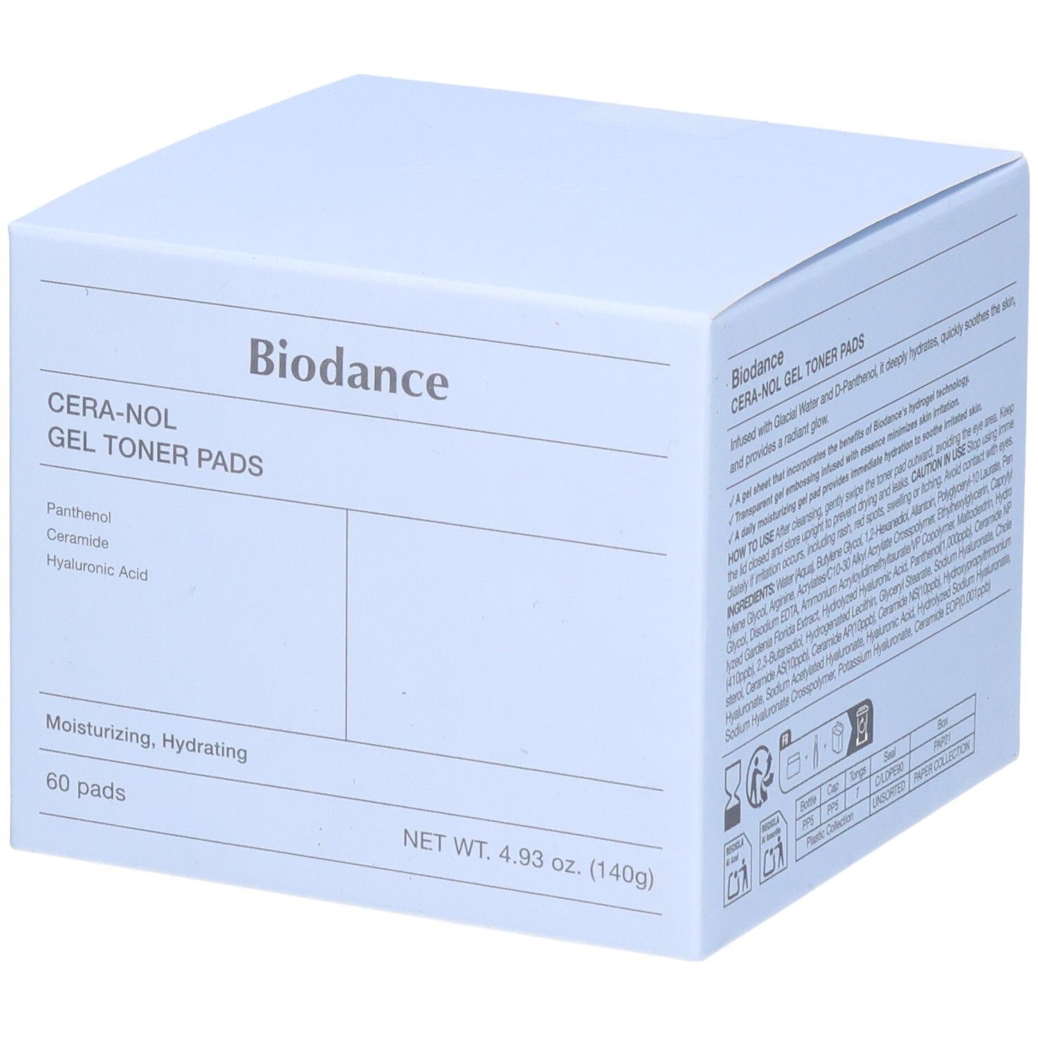 Verpackung von Biodance CERA-NOL GEL TONER PADS, 60 Pads.