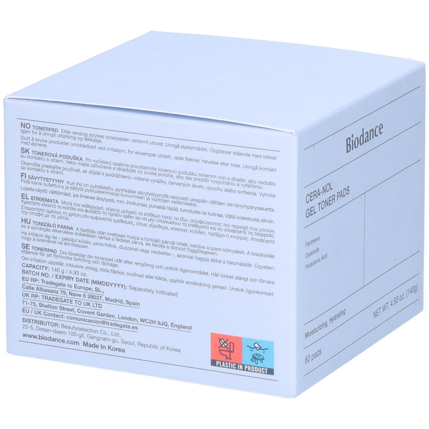 Rückseite der Biodance CERA-NOL GEL TONER PADS Verpackung mit Anweisungen und Inhaltsstoffen.